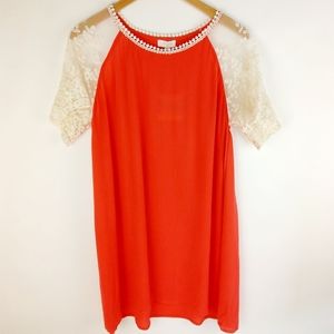 Umgee Coral Lace Sleeve Woven Shirt Dress Size L